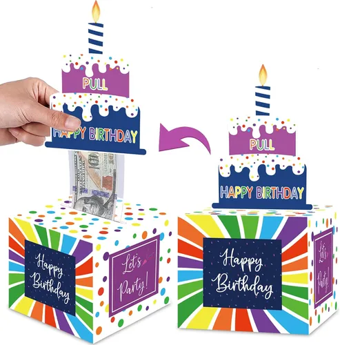 Vista 6 de Caja de regalo de cumpleaños con calcomanías de bricolaje para cualquier edad, soporte de dinero sorpresa para regalo en efectivo con tarjeta