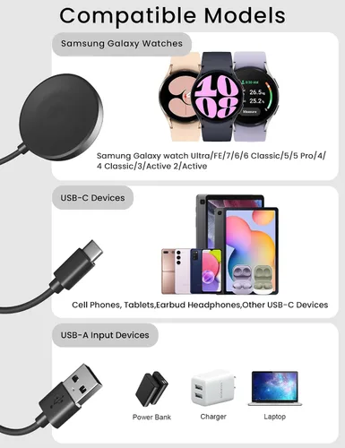 Vista 2 de Cargador compatible con Samsung Galaxy Watch 7/Ultra/FE/6/6 Classic/5 Pro/4 Classic/3/Active 2/Active 2 en 1 USB a USB C Cable de carga para Galaxy