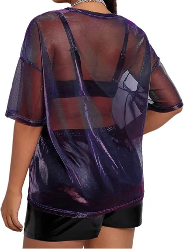 Vista 2 de Kyerivs Camiseta de malla metálica, talla grande, manga corta, transparente, blusa para concierto, traje de rave para mujer