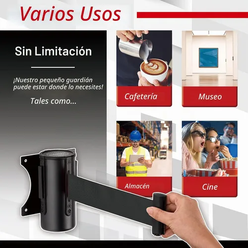Vista 4 de DuraSteel Barrera retráctil para cinturón de control de multitudes de montaje en pared, cinturón de barrera retráctil negro de 9.2 pies, barreras
