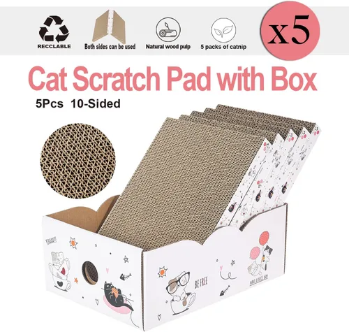 Vista 4 de 5 paquetes en 1 almohadilla para arañazos para gatos con caja, cartón rascador para gatos, reversible, cartón duradero reciclable, adecuado para que