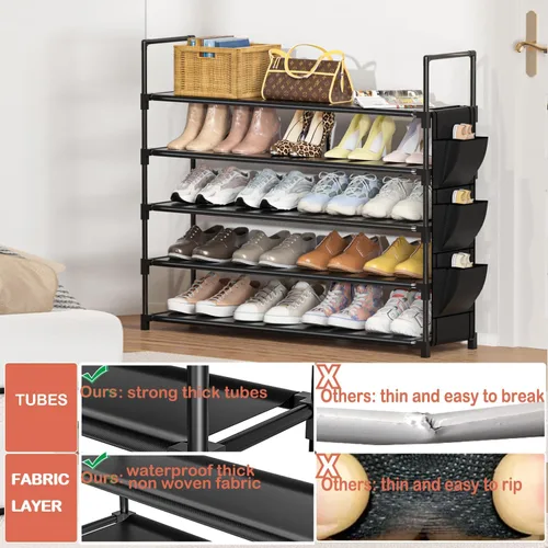 Vista 7 de OYREL Organizador de zapatos de 5 niveles para armario, entrada, garaje, puerta, ahorro de espacio, soporte/torre para zapatos, grande, capacidad