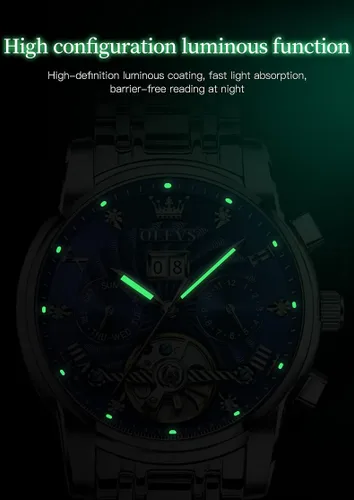 Vista 8 de OLEVS - Reloj automático para hombre con diseño de esqueleto de 5 manecillas, clásico, de lujo, multicalendario, de acero inoxidable, impermeable