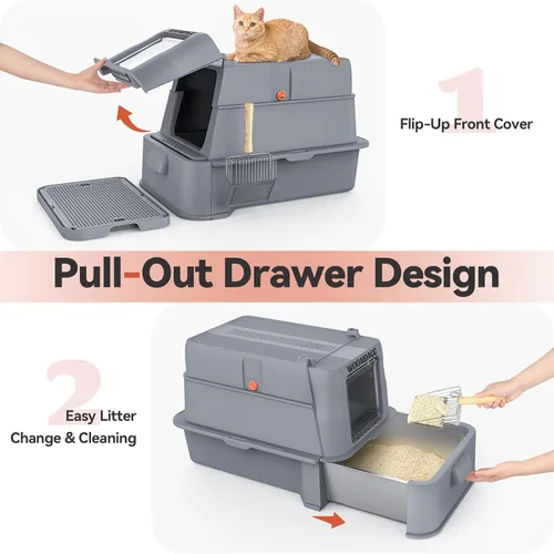 Vista 2 de Wooaidagg - Caja de arena cerrada de acero inoxidable para gatos con control de olores, diseño modular con cajón y puerta abatible, fácil de limpiar