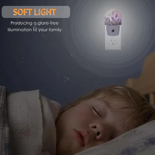 Vista 5 de Luz nocturna de mariposa con flores de lavanda, luces nocturnas enchufables a la pared con sensor de atardecer a amanecer, lámpara para dormitorio