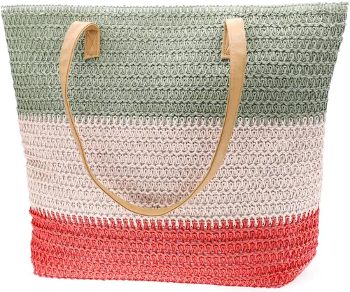 Vista 24 de Bolso grande de paja para mujer, tejido de ratán, bolso de playa de verano, a rayas