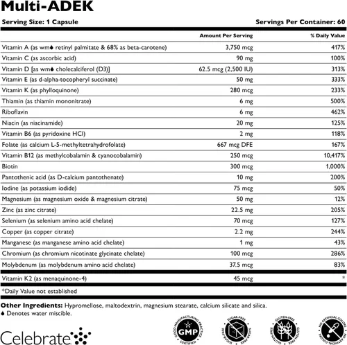Vista 3 de Celebrate Vitamins Multi ADEK - Multivitamínico bariátrico sin hierro, cápsulas vegetales fáciles de tragar para pacientes con interruptor duodenal