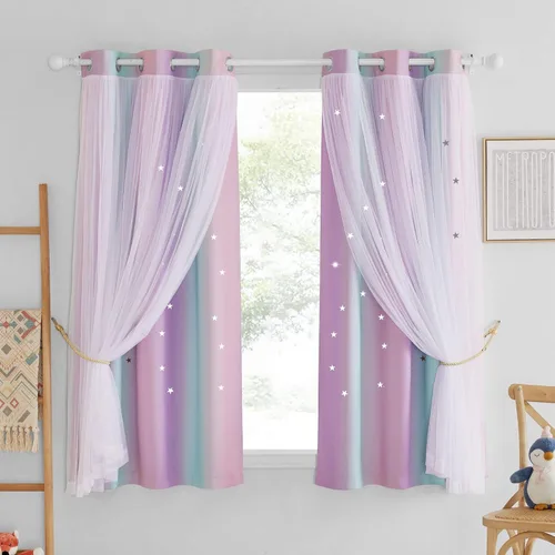 Vista 15 de NICETOWN Cortinas para Dormitorio de Niñas Infantiles con Estrellas Caladas Ventana 2 Capas Cortina 63 Pulgadas de Longitud Oscurecimiento