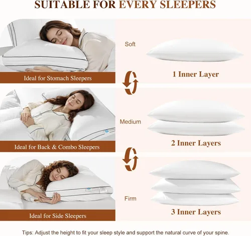 Vista 3 de LIANLAM Almohada de plumón de ganso ajustable de 3 capas, tamaño estándar, almohada modular de altura personalizada con tela de enfriamiento, 80%
