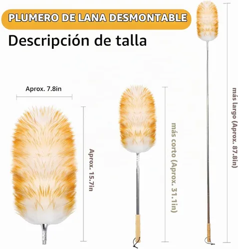 Vista 2 de Plumero de Plumas, Plumeros Largos Telescópicos de Lana de Cordero con Poste de Extensión de Acero Inoxidable de hasta 87.8 pulgadas para Limpiar