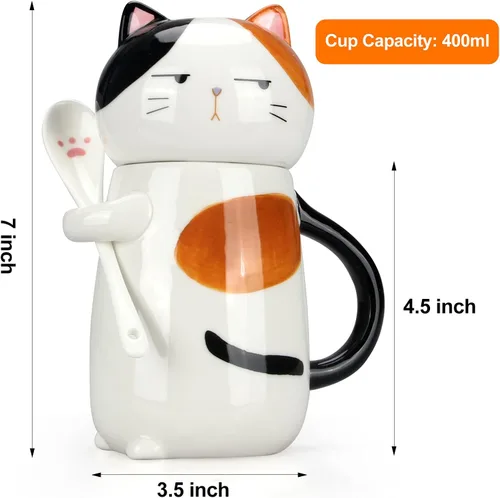 Vista 7 de Taza de café grande y bonita de cerámica con tapa y cuchara, divertida taza de gato para mujeres y damas, tazas de café Kawaii 3D únicas de gato