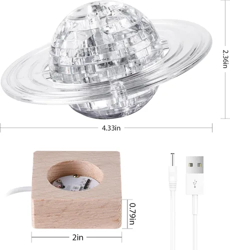 Vista 3 de Rompecabezas de cristal 3D, 40 piezas Saturno Ensamblaje Brain Teaser con base de madera iluminada, bloques de rompecabezas de Saturno de plástico