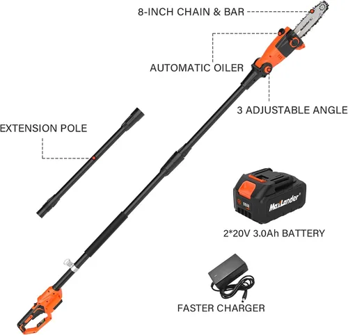 Vista 7 de Sierra de poste inalámbrica de 8 pulgadas 20V con batería y cargador 2×3.0Ah 15-Foot Max Adjustable Reach, 16ft/S Cutting Speed, Auto Oiling