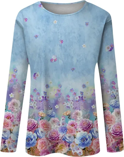 Vista 3 de LPIGOH Camisas de manga larga para mujer, camisetas de manga larga con cuello redondo, camisetas básicas, cómodas, estampadas, blusas