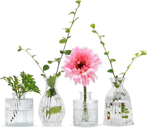 Vista 9 de Juego de jarrones de cristal Mapoxy para brotes de flores, juego de 4, jarrones azules pequeños para centro de mesa de boda, decoraciones de mesa