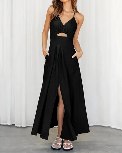Vista 9 de BTFBM Vestido de verano 2023 con tirantes delgados, sin mangas, cuello en V, abertura, casual, playa, fiesta, maxi vestidos con bolsillos