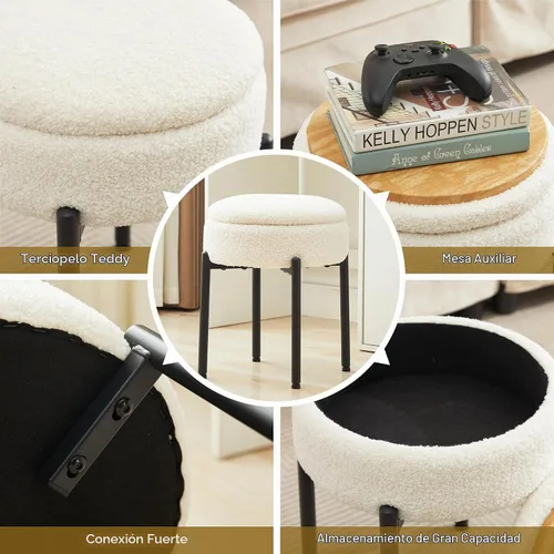 Vista 5 de Taburete de tocador con almacenamiento, taburete de maquillaje multifuncional y mesa auxiliar de terciopelo de peluche, sillas de almacenamiento