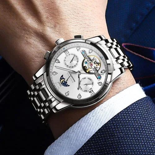 Vista 4 de OLEVS Relojes automáticos para hombre, esqueleto Tourbillon, reloj de pulsera de lujo con diamantes de cuerda automática, acero inoxidable