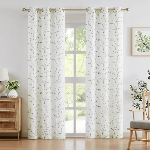 Vista 18 de Bujasso - Cortinas de hojas transparentes de 63 pulgadas, bordadas con flores, estilo granja, cortinas con filtro de luz para ventana, patrón Dorado
