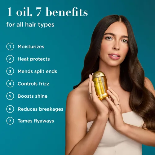 Vista 3 de OGX Aceite de argán renovador + de Marruecos, aceite de argán prensado en frío para tratamiento penetrante y brillo del cabello, aceite sedoso
