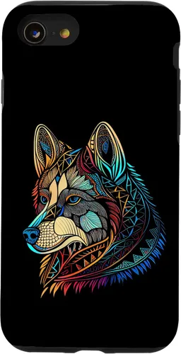 Vista 13 de iPhone 14 Flor Floral Lindo Perro Cara Cabeza Colorida Mandala - Estuche Husky