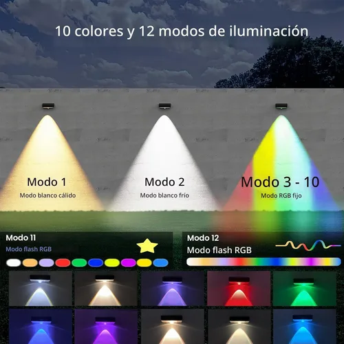 Vista 7 de Luces solares para vallas, 10 modos de cambio de color RGB, luces solares