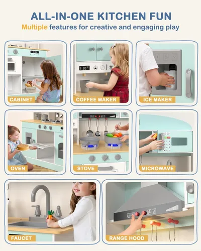 Vista 5 de Babytronic Juego de cocina de madera, cocina de simulación con luces y sonidos para niños de 3 años en adelante, incluye estufa, horno, microondas