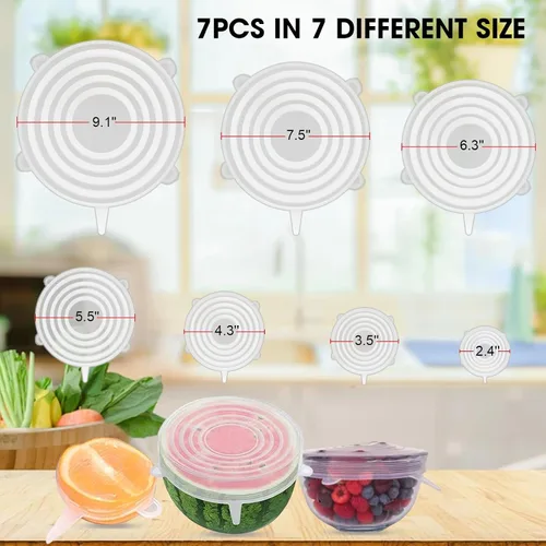 Vista 2 de Tapas elásticas de silicona reutilizables para almacenamiento de alimentos – Cubiertas elásticas para tazones que se ajustan a contenedores redondos