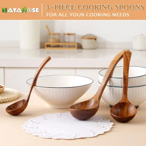 Vista 4 de Cucharón de madera para sopa, cucharas de madera de teca natural de 3 tamaños para cocinar, cuchara de madera antiadherente, cucharas de madera