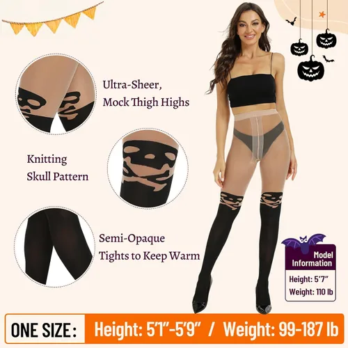 Vista 4 de MANZI Medias de Halloween para mujer, a rayas, estampadas, para disfraz de nylon