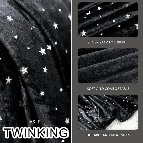 Vista 3 de NANPIPER Manta de forro polar con estampado de estrellas, manta mullida de franela súper suave, 50 x 65 pulgadas, color negro