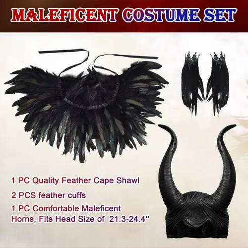 Vista 2 de Chal de plumas negras con cuernos de maléfica, diadema y puño de plumas, disfraz de maléfica para mujer, capa negra de maléfica, conjunto de disfraz