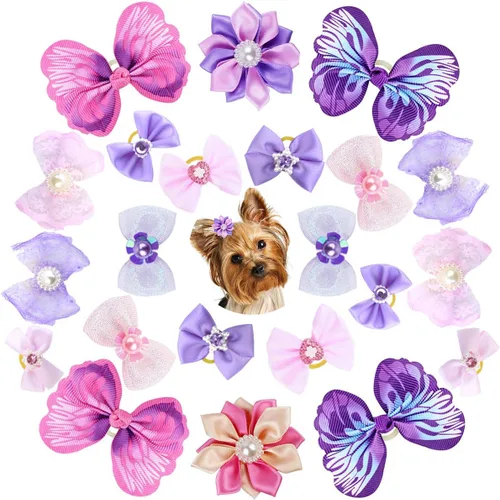 Vista 7 de 22 lazos para el pelo de perro con bandas elásticas de goma, accesorios para el pelo de cachorros pequeños con perlas de flores de mariposa, lazo