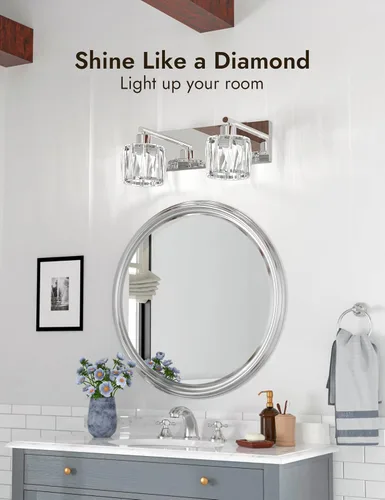 Vista 2 de VOLISUN Luces de Tocador de Cristal - 2 Luces Modernas de Acero Inoxidable para Baño Sobre Espejo, Acabado Cromado - Certificado UL
