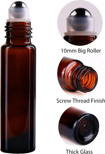 Vista 3 de inice 100 botellas de roll-on de 10 ml de vidrio ámbar para aceites esenciales con bolas de rodillo de acero inoxidable y tapa de aleación