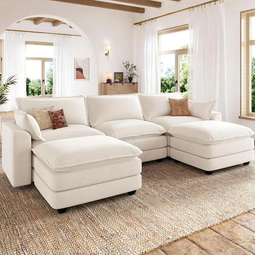 Vista 15 de Sofá de nube en forma de L de 118 pulgadas, sofá modular de gran tamaño con otomana móvil, cómodo sofá de felpilla de 4 plazas con asiento profundo