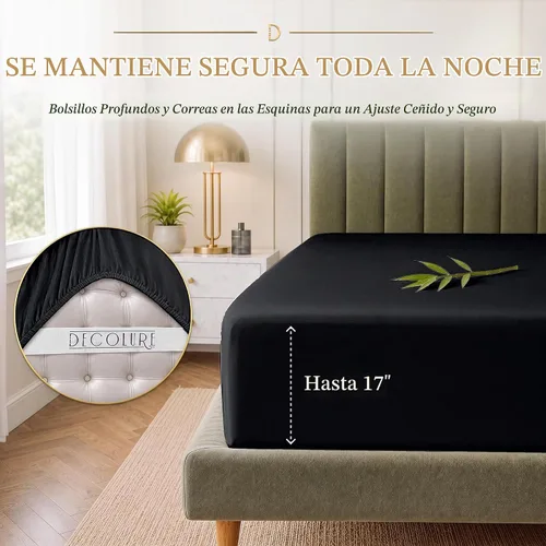 Vista 5 de DECOLURE Sábanas de Viscosa 100% Derivada de Bambú Tamaño Full - Juego de Sábanas de Lujo de 6 Piezas Naturalmente Refrescantes, Ultra Suaves Negro