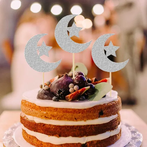 Vista 5 de 24 piezas de decoración de cupcakes con purpurina de luna y estrella Eid Mubarak, decoración de pasteles para bodas, cumpleaños, baby shower