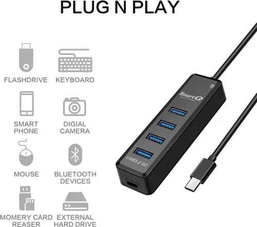 Vista 6 de SmartQ H302Pro Hub USB C, concentrador USB 3.2 SuperSpeed de 4 puertos con cable de extensión de 1 pie, compatible con carga, compatible