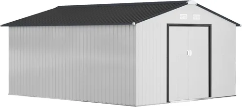 Outsunny Cobertizo de almacenamiento exterior de 11' x 13', cobertizo de metal para herramientas de jardín con kit de cimentación, puerta con doble