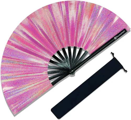 Vista 9 de Ventilador grande para rave, ventilador de mano plegable Clack con tela de primera calidad, marco de bambú grueso para hombres y mujeres, regalo
