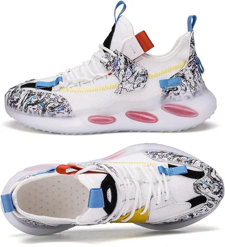 Vista 2 de GSIGUL Zapatillas de correr para hombre, diseño de graffiti, de moda, ligeras, de malla, tenis para caminar