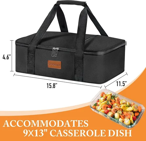 Vista 4 de Porta cazuelas aislada de 9x13 pulgadas, nylon duradero, porta cazuelas a prueba de fugas, porta cazuelas para alimentos fríos o calientes (negro)