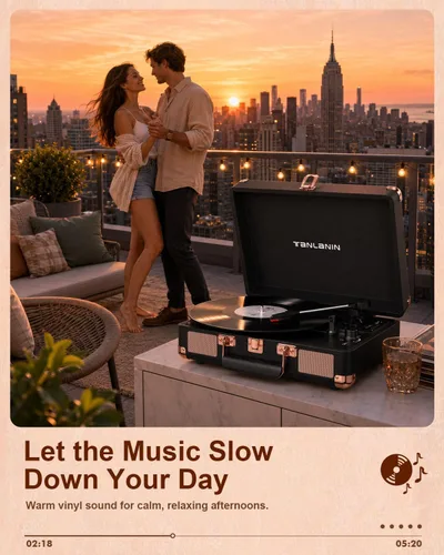 Vista 9 de Retro Suitcase - Tocadiscos de vinilo con grabación USB, Bluetooth negro rosa dorado