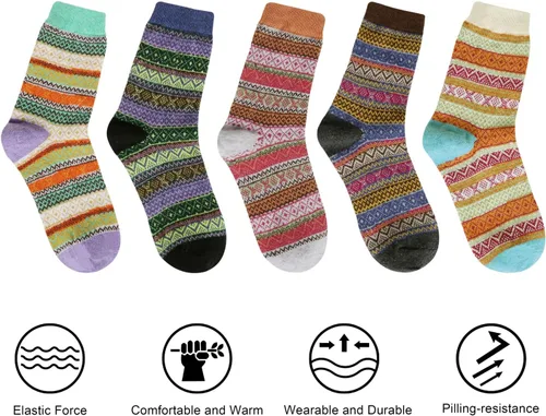 Vista 3 de 5 pares de calcetines de lana para mujer, diseño de punto grueso, cálidos y cómodos para invierno