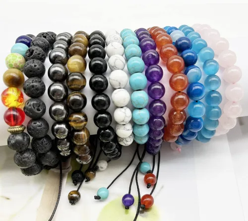 Vista 6 de Juego de 12 pulseras ajustables de piedras preciosas de 0.315 pulgadas para hombres y mujeres, unisex, cuentas curativas, ojo de tigre, amatista