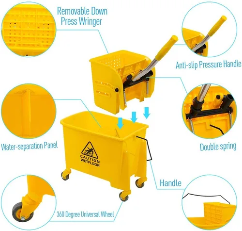 Vista 5 de Combo de cubo de fregona y escurridor lateral, carrito de limpieza resistente y comercial, escurridor de resorte sobre ruedas para limpieza