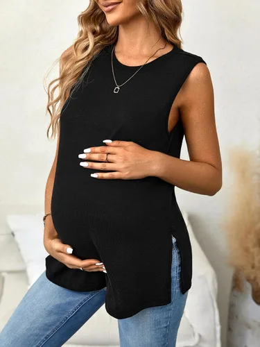 Vista 6 de OYOANGLE Camiseta de maternidad sin mangas para mujer, con dobladillo dividido, camiseta sin mangas para embarazo