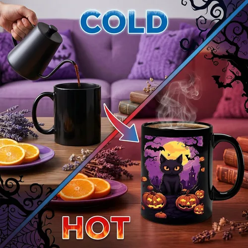 Vista 4 de Caliamary Halloween Color Changing Mug – 11oz Heat Sensitive Coffee Cup with Black Cat & Pumpkin, Novelty Ceramic Mug, Fun Gift for Friends, Women
