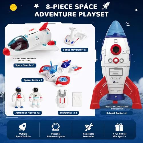 Vista 5 de AuntyFey Space Rocket and Shuttle Toy Set para niños con 2 figuras